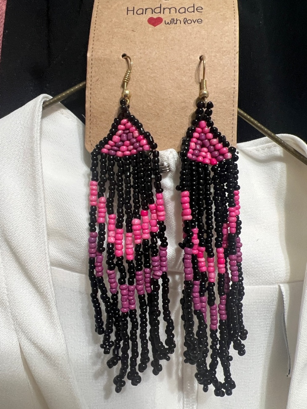 Pink & Black Beaded Fringe Earrings